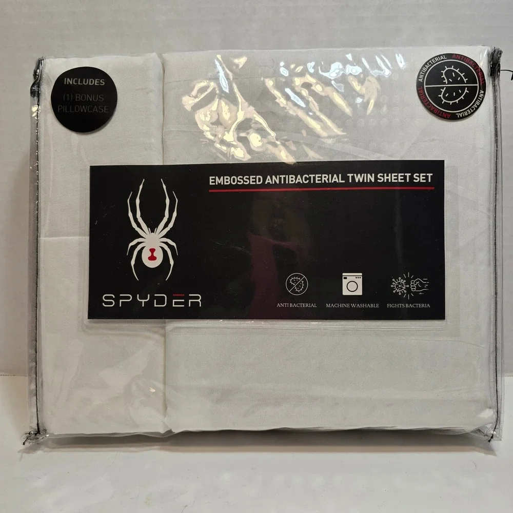 Spyder Embossed‎ Antibacterial Twin Sheet Set White Includes Bonus Pillowcase